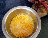 A picture of step 12 of Tamilnadu Thali - rice, sambar, mor kuzhambu, beetroot poriyal, payasam, buttermilk for lunch.