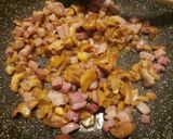 A picture of step 1 of Potato pie, with pancetta & chanterelle mushrooms & asparagus.