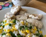 A picture of step 5 of Hake with Jasmine Rice and veg.