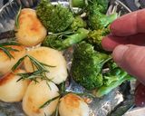 A picture of step 14 of Slow Cooked Shredded Beef. Roast Spuds and Roasted Broccoli.