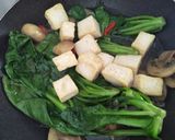 A picture of step 4 of Stir Fried Chinese Kale with Tofu and Mushrooms.