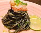 A picture of step 3 of Squid Ink Spaghetti with Shrimp Tartare and Lime.