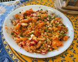 A picture of step 17 of Colorful Salad with White Rice, Carrots, Peas, Tomato, Radishes, and Cilantro.