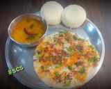 A picture of step 12 of Oats Semolina Uttapam with idli and Sambhar.