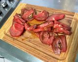 A picture of step 4 of Beef Carpaccio with Heirloom Tomatoes and Parmesan.