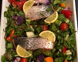A picture of step 2 of Rainbow roast salmon and veg 🌈.