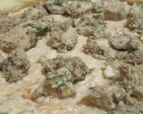 A picture of step 6 of Malai boti pizza with white sauce.