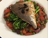 A picture of step 8 of Japanese inspired sea bream on a bed of wasabi adzuki beans 🇯🇵.