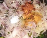 A picture of step 3 of South Indian cuisine platter(dosa,sambar,chutney,potato veggie).