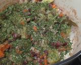A picture of step 3 of Persian-inspired herby soup (ghorme sabzi).