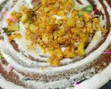 A picture of step 15 of Masala Dosa, sambar, coconut, dhania chutney.