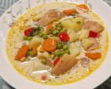 Újburgonyás, zöldborsós,kapros vegán leves recept fázis 6 fotója