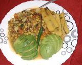 A picture of step 9 of Chillie peas-matoke served with guacamole.