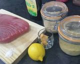 A picture of step 1 of Tuna tataki with white miso.