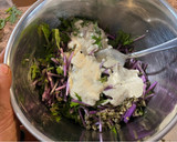 A picture of step 3 of Mizuna salad with tofu Caesar dressing.