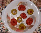 A picture of step 13 of Kaju ki burfi (cherries 🍒 and rose flavour) and laddoo (pan flavour).