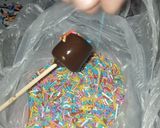 A picture of step 4 of 1 bite chocolatey marshmallow pops.