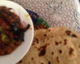 A picture of step 4 of Baigan or Hari Mirch ka Salan with makai Ki roti.