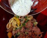 A picture of step 4 of My tuna, Veg and Pasta shells with Cracked Pepper Mayo. 😘.