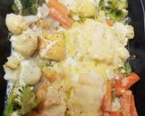 A picture of step 8 of Smoked Haddock with Smoked Cheese and veg with Lemon cream sauce.