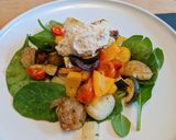 A picture of step 10 of Mixed veg with potatoes, spinach and caramelised onion hummus.