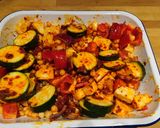 A picture of step 3 of Roasted Harrissa veggies with halloumi and chickpeas.