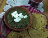 A picture of step 6 of Sarson ka saag with butter & makai ki roti.