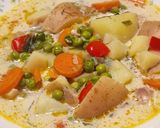 Újburgonyás, zöldborsós,kapros vegán leves recept fázis 6 fotója