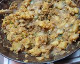 A picture of step 7 of Aligarh kachori with aloo sabji and raita.