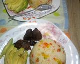 A picture of step 2 of Fried rice,ovacado and baked beef.