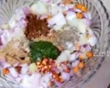 A picture of step 6 of Golgappa with spicy potato-chana masala and spicy flavored water.