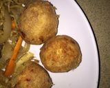 A picture of step 1 of Yam balls with noodles and fried egg.