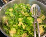 A picture of step 11 of Brussel Sprouts, with Bacon, onions and a Balsamic Vinegar.