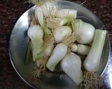 A picture of step 1 of Spring onion and boondi ki sabji.