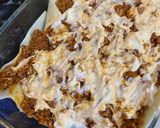 A picture of step 4 of Cheesy Lasagna (with Bechamel layer).
