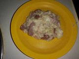 Arroz con queso, salchicha y jamón York