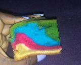 A picture of step 1 of Rainbow cake decorated with butter cream and chocolate drips.