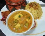A picture of step 8 of Matar Paneer with caramelized onion rice.