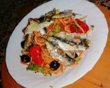 A picture of step 7 of Spaghetti with Sardines, black olive😜😋.