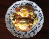 A picture of step 2 of California Farm Eggs Royale with cured salmon.