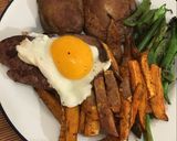 A picture of step 12 of Bavette steak. Soy portobello mushrooms, sweet potato and greens.