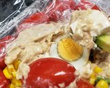 A picture of step 6 of [Diet Series] Avocado Tofu Tuna Salad with Boiled Egg, Cherry Tomatoes, and Corn.