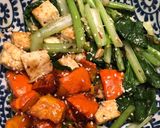 A picture of step 8 of Miso roasted squash with ginger garlic tofu and greens - vegan.
