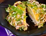 A picture of step 9 of Omu-Okonomiyaki (Japanese as-you-like pancake wrapped with egg).