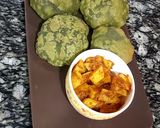 A picture of step 6 of Masala palak poori served with aloo sabzi.
