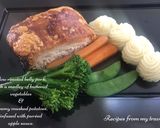 A picture of step 3 of Slow roasted belly pork,with buttered vegetables and apple puréed mash potato.
