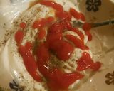 A picture of step 10 of Singaporean curry served with rice, spaghetti and mayo sauce😊.