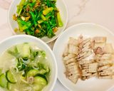 Hình bước làm 5 của món Mâm cơm nhà 30 phút: thịt heo luộc, canh bí ngòi, bông cải xanh baby xào tỏi dầu hào