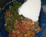 A picture of step 4 of Ugali, beef stew and kales+ spinach.