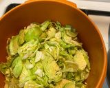 A picture of step 1 of Brussels Sprouts with Pasta. One-Pot Pasta.